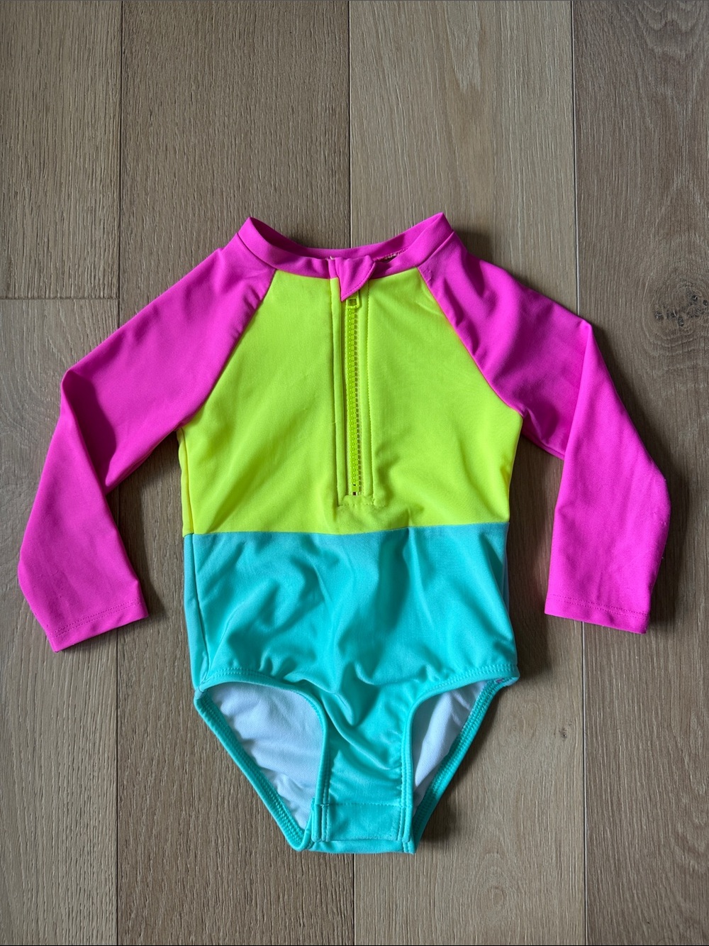 Girls' Colorblock Long Sleeve Swimsuit - Neon Pink, Lime, Aqua